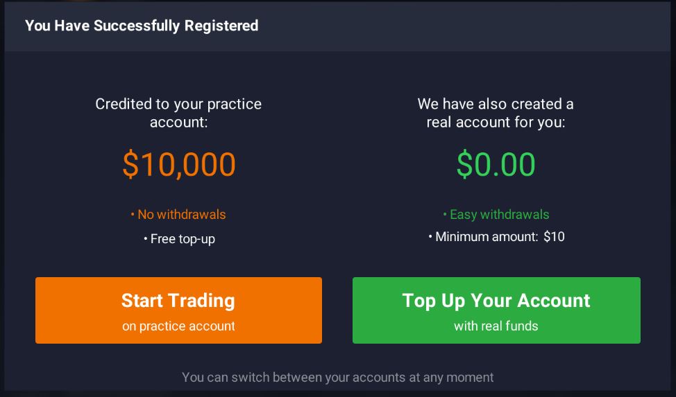 Hai lựa chọn "a real account" và "practice account" khi đăng kí Trade BO