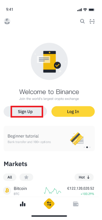 Cách đăng ký tài khoản trên Ứng dụng Binance bước 1