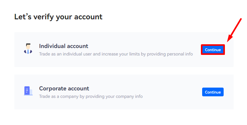 Chọn tài khoản cá nhân (Individual account) hoặc Tài khoản công ty (Corporate account)